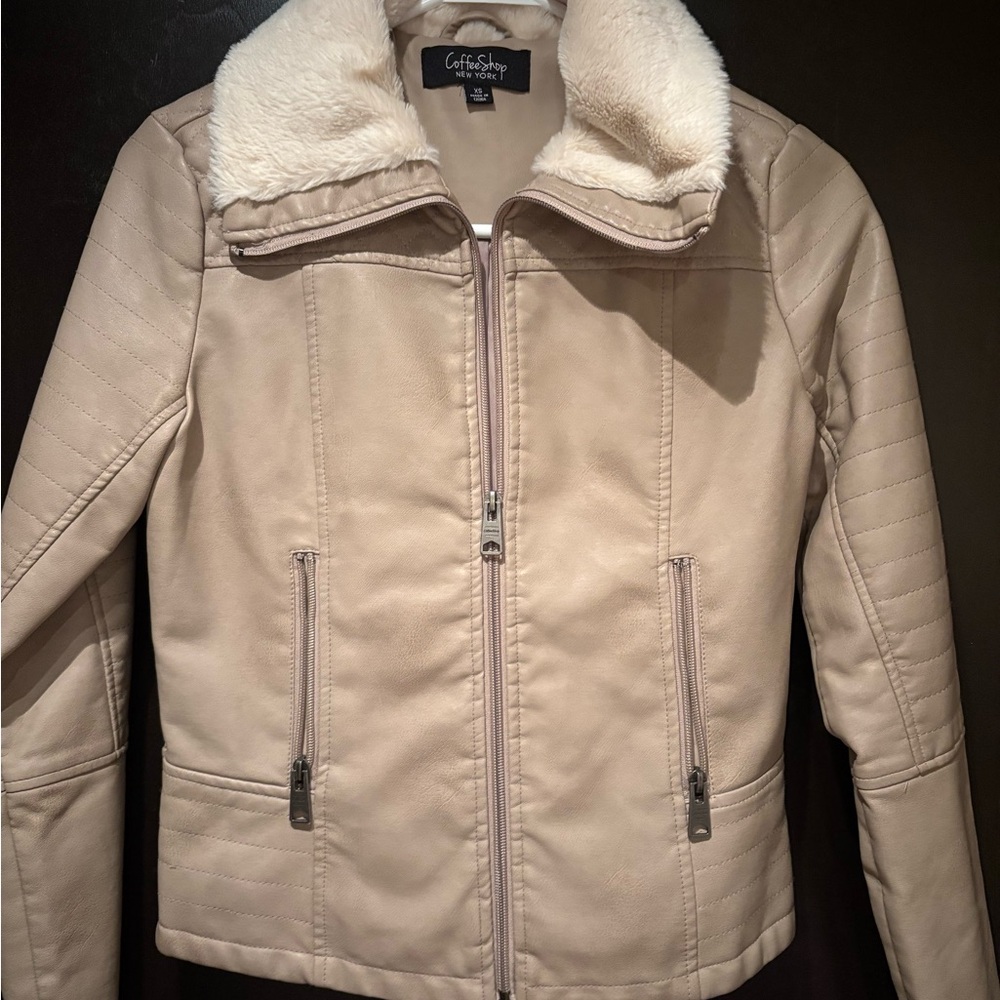 CoffeeShop Women's Beige Leather Jacket with Faux Fur Collar